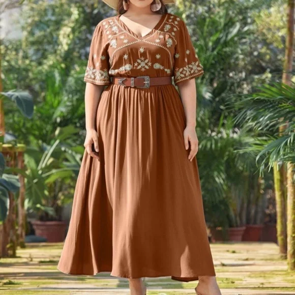 PLUS Boho Green V neck Floral Embroidered A-line Dress - Picture 8 of 13